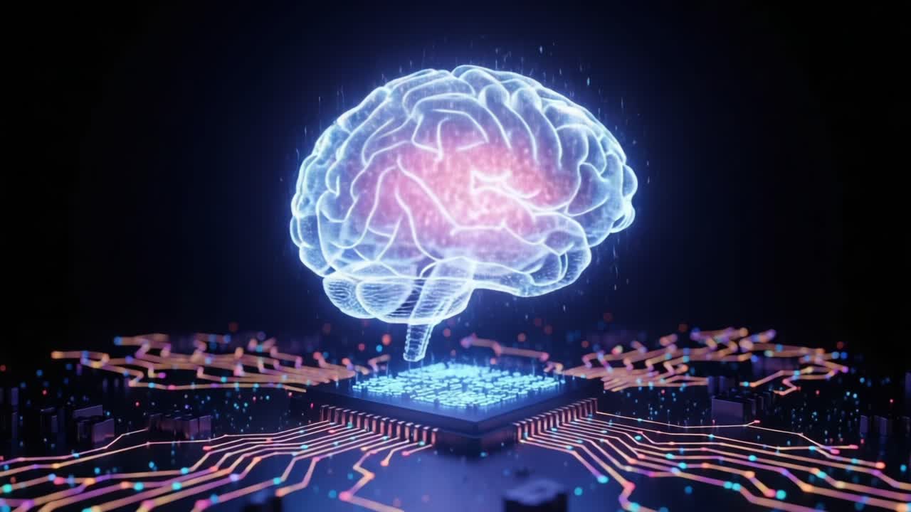 A Stunning Visualization of an Artificial Intelligence Brain Hovering Above a Circuit Board, Representing the Fusion of Technology and Human Cognition