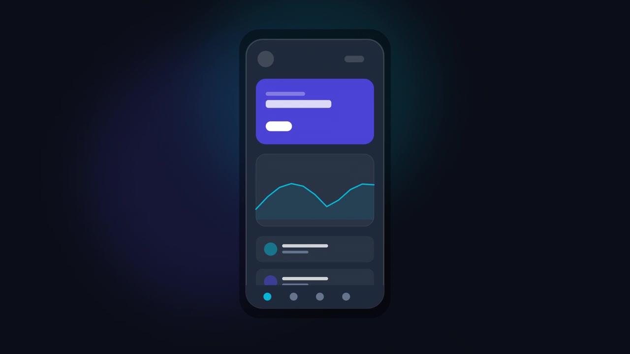 Interfaccia animata di app mobile che mostra una dashboard di analisi dati