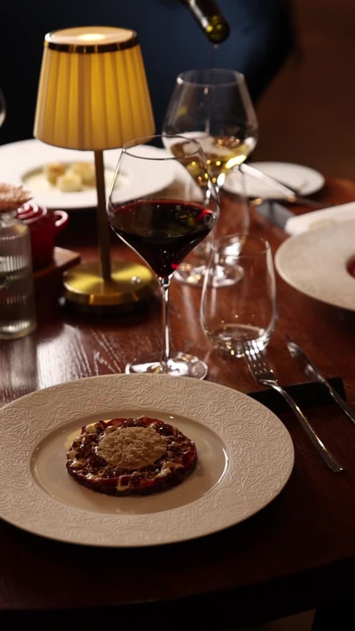 Elegant Restaurant Dining with Wine and Gourmet Food