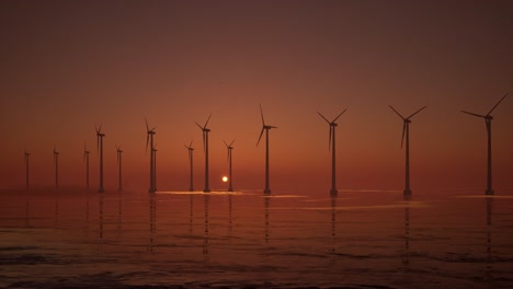 3d animation of offshore wind turbines at sunset. wind farm, renewable energy.