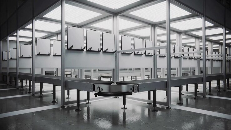 Pushing forward, camera centering on steel belt junction at factory, showing connector and feet