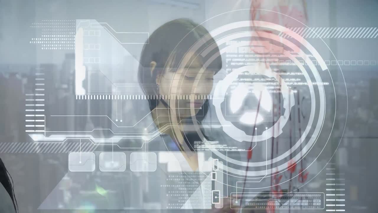 animación de procesamiento de datos sobre una trabajadora de laboratorio de dos razas que utiliza una tableta