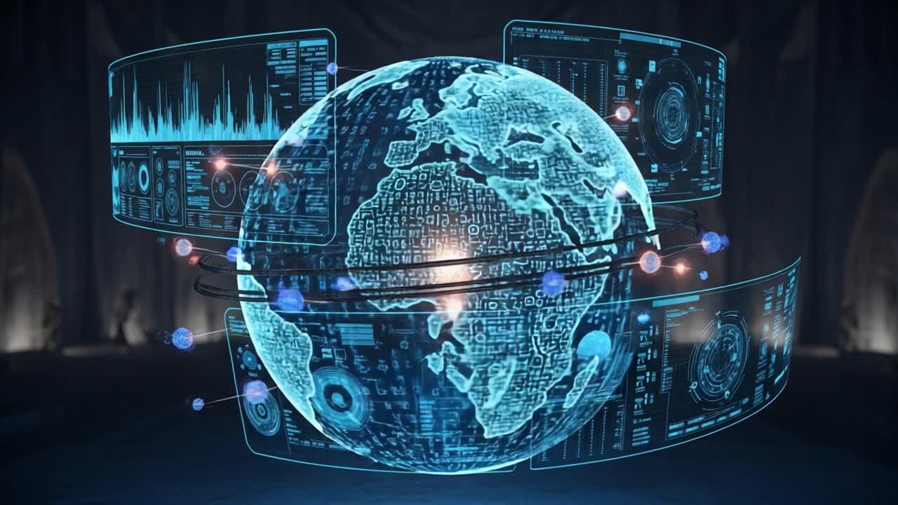 A Stunning 3D Visualization of a Technologically Advanced Globe Surrounded by Interactive Data Panels Showcasing Global Information and Analytics