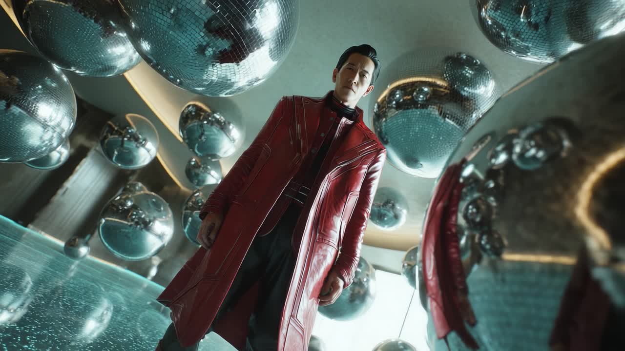 A striking scene featuring a lone figure in a vibrant red coat standing confidently among reflective disco balls, creating an intriguing visual juxtaposition between the modern space and the glamorous accessories