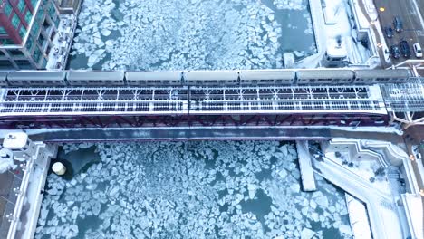 aerial footage of frozen chicago river during 2019 polar vortex