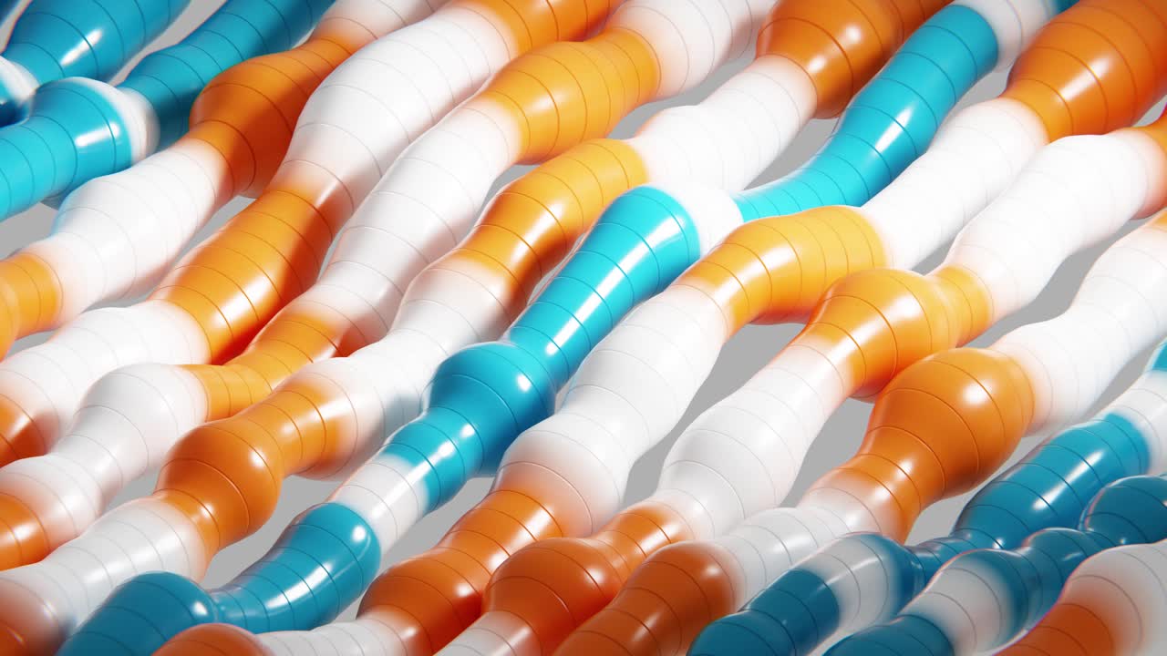 Tubi organici astratti in arancione, blu e bianco che ondeggiano senza soluzione di continuità
