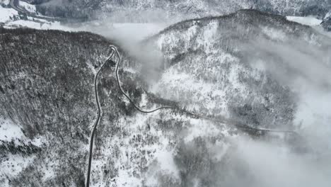 Aerial-winter-mountains-snow-pine-tree-forest-mist-roads-from-above