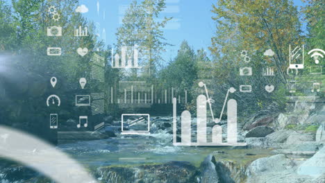 animación del procesamiento de datos, el mercado de valores y los diagramas sobre el paisaje