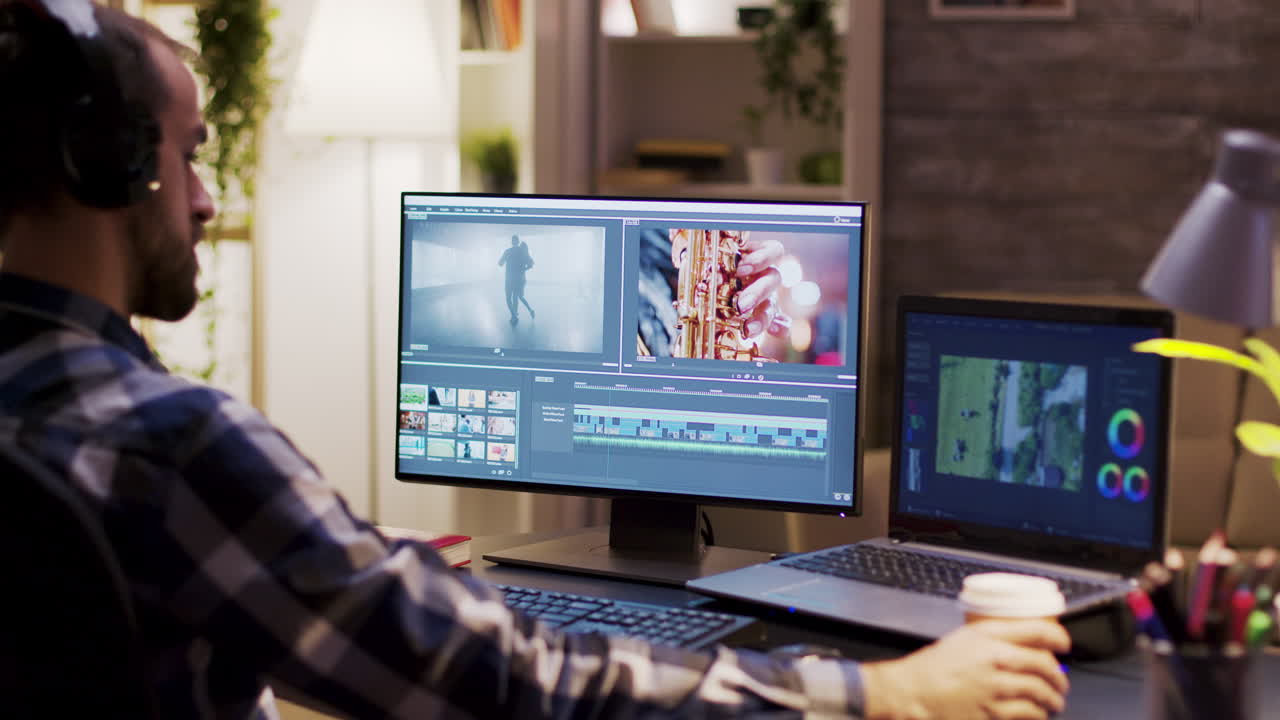 Man editing video at his computer