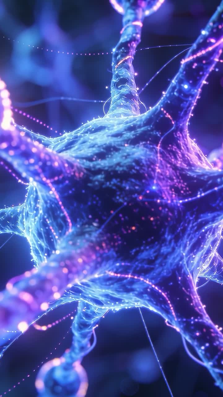 Pushing camera in showing textured neuron-like soma at microscopic network, with glowing filaments