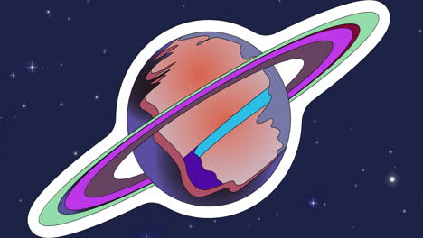 animación del universo con el planeta saturno multicolor y las estrellas en el cielo azul
