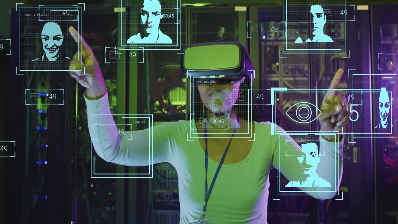 animación de fotos de usuario sobre mujer biracial en auriculares vr