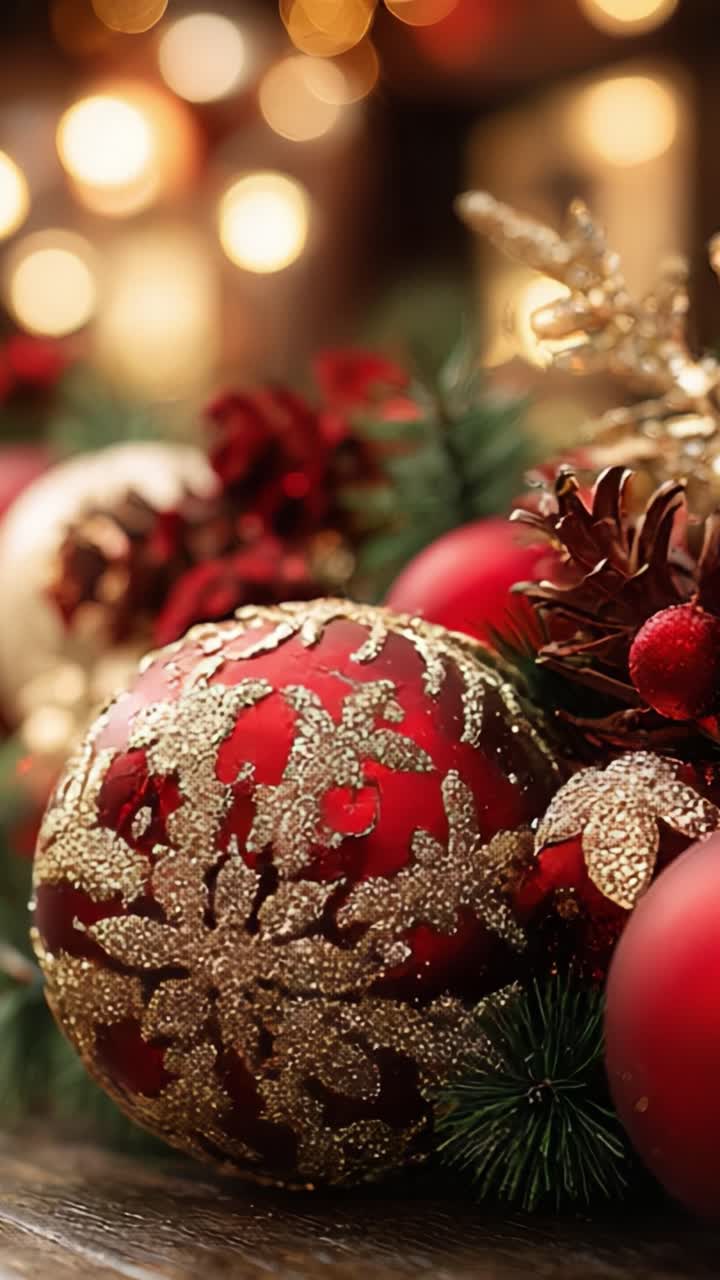 Decorazioni festive a tema natalizio con ornamenti rossi e dorati scintillanti, circondati da elementi naturali, perfette per creare una calda atmosfera natalizia