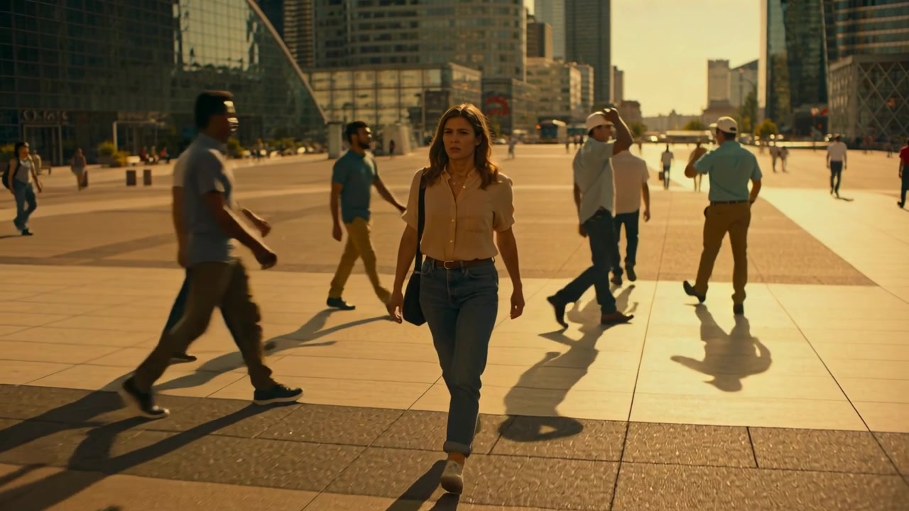 Mulher caminhando com bolsa de ombro em praça ensolarada, aproximando-se da câmera, que a acompanha.
