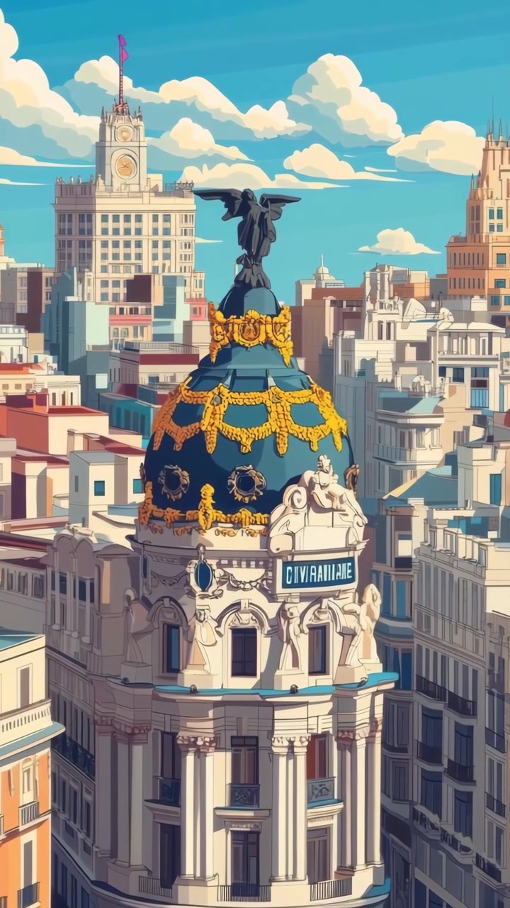 Stilisierte Cartoon-Stadtlandschaft mit verziertem Kuppelgebäude und Engelsstatue
