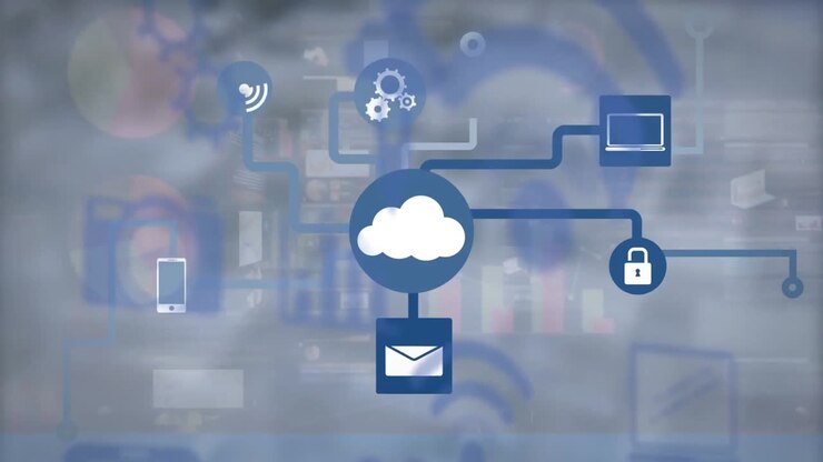 Animation of network of digital icons over screens with statistical data processing