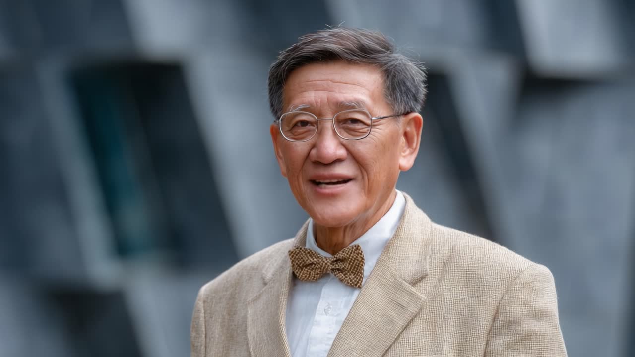 Elegant Senior Man with Stylish Bow Tie Posing Outdoors Amidst Modern Architectural Background with Warm Smile and Gentle Expression
