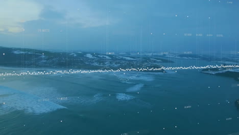 animación del procesamiento de datos contra la vista aérea de las olas marinas
