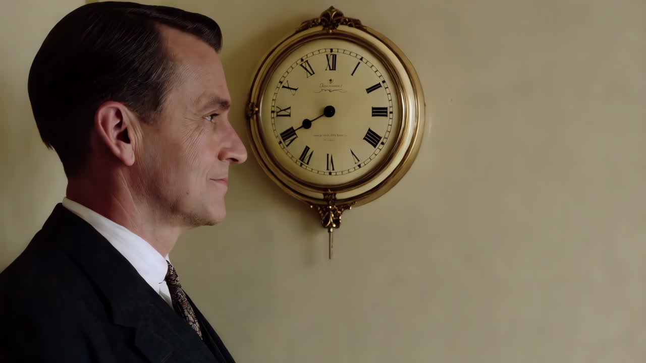 A man in a suit stands in profile next to an ornate wall clock