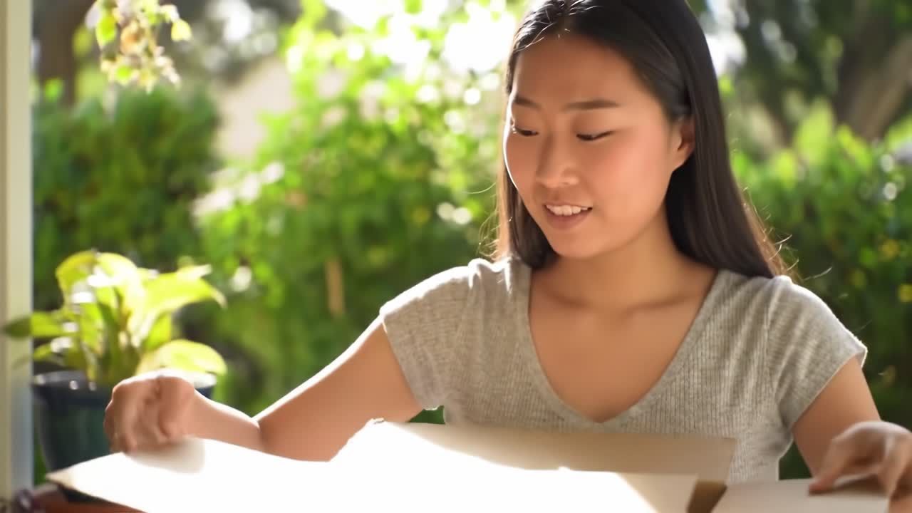 A young woman discovers surprises as she eagerly opens a package outdoors in a vibrant garden. The sunlight bathes the scene, creating a warm and inviting atmosphere.