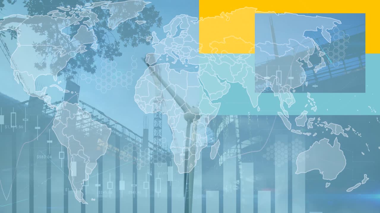 animación de estadísticas y procesamiento de datos, mapa del mundo sobre la turbina eólica