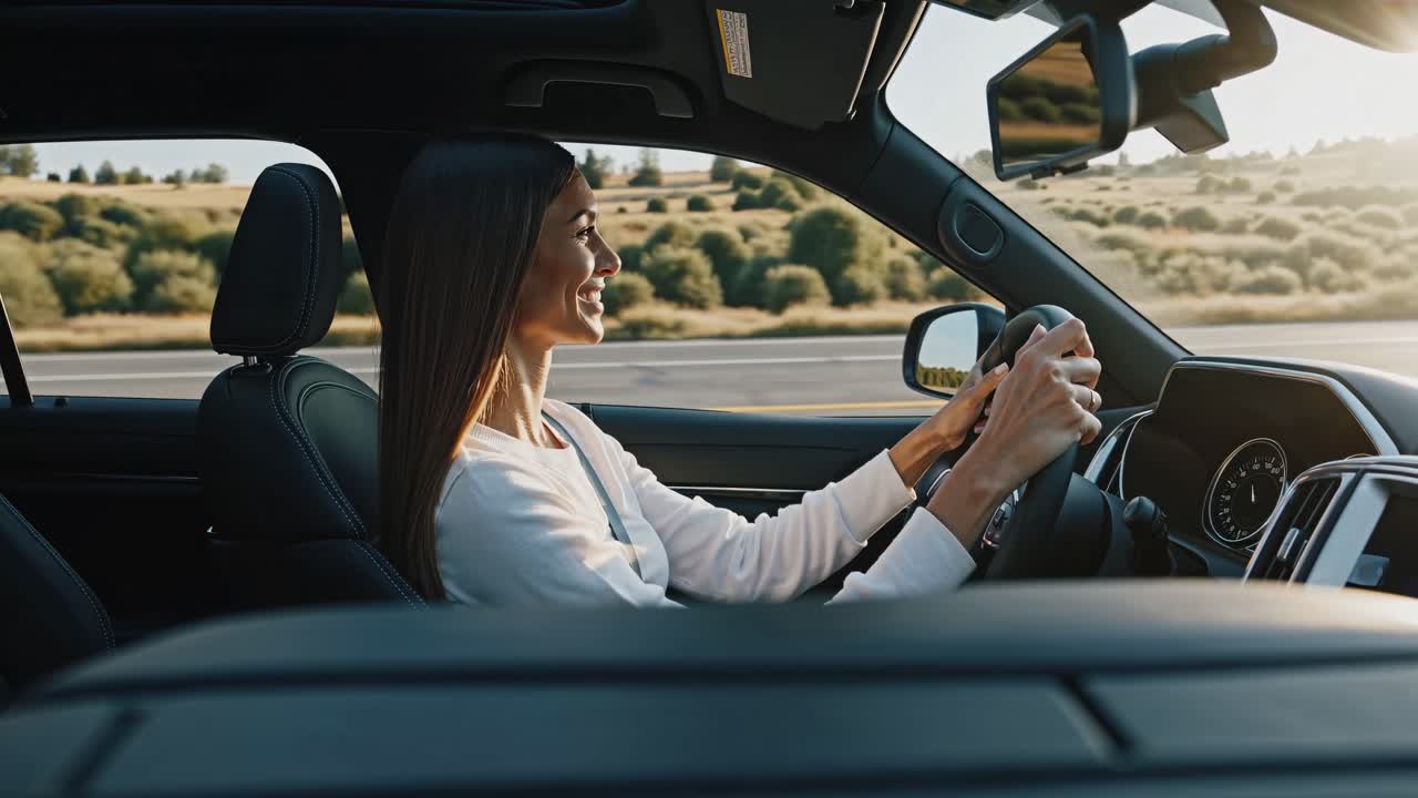 Woman Driving a Car on a Scenic Road
