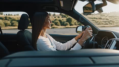 woman driving a car on a scenic road