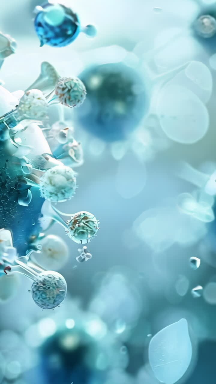 A close up of a blue and white virus. The virus is surrounded by a blue and white background