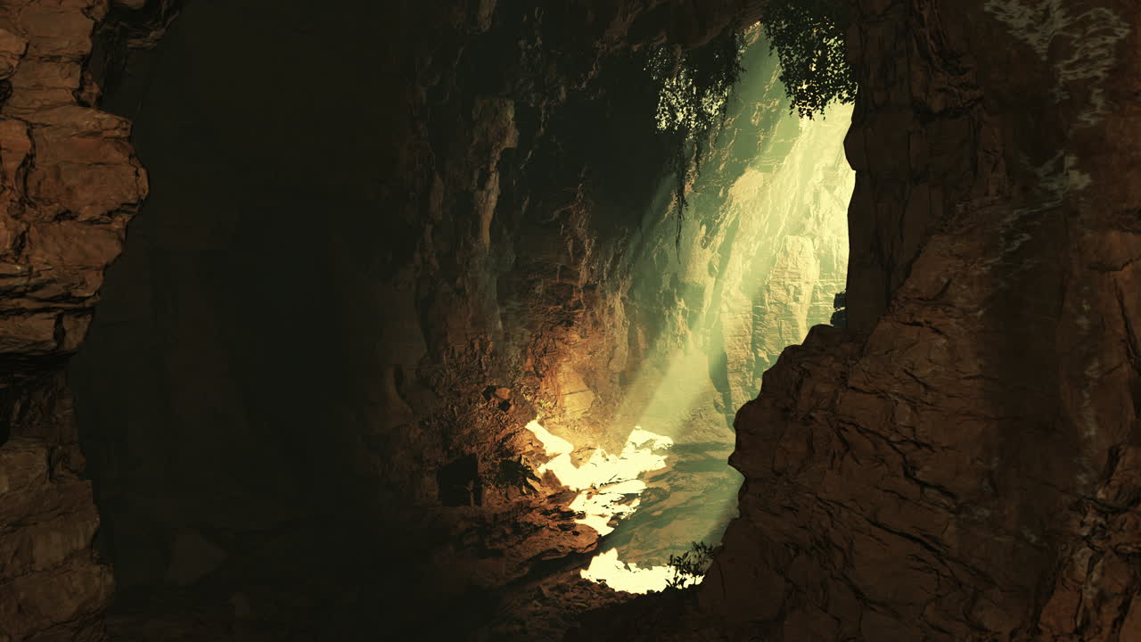 una cueva oscura con una luz al final