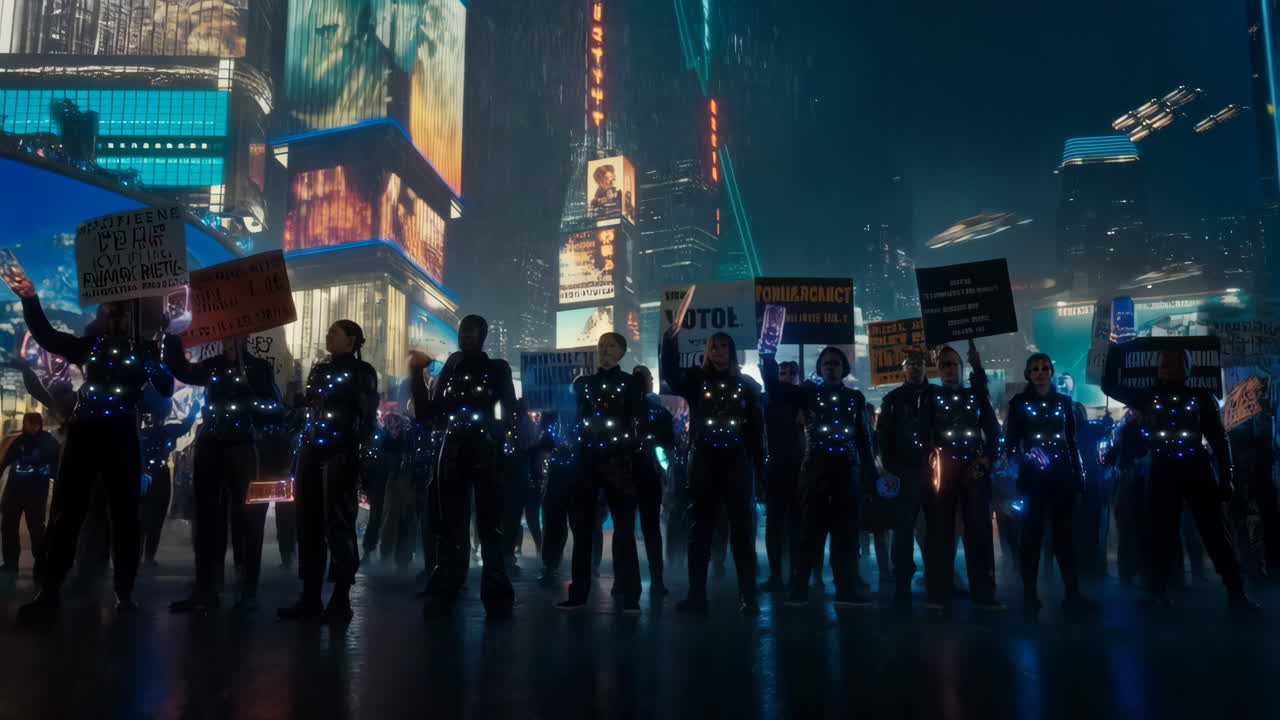 Futuristic Protest in a Rain-Soaked Cyberpunk City
