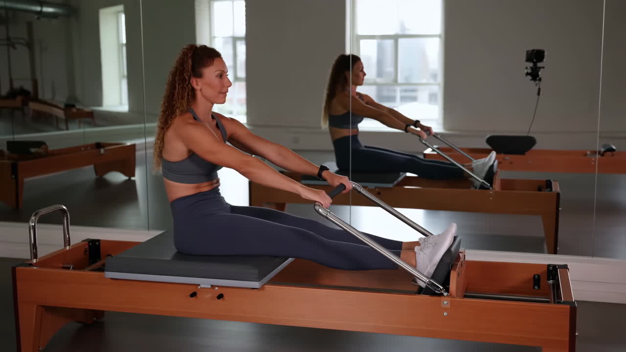 Woman exercising on a Pilates reformer machine in a studio
