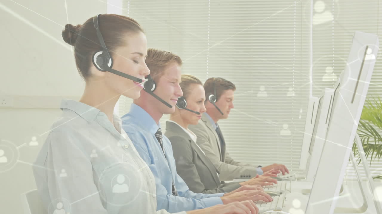 전화 헤드 ⁇ 을 착용 한 사업가 들 을 통한 연결 네트워크 의 애니메이션