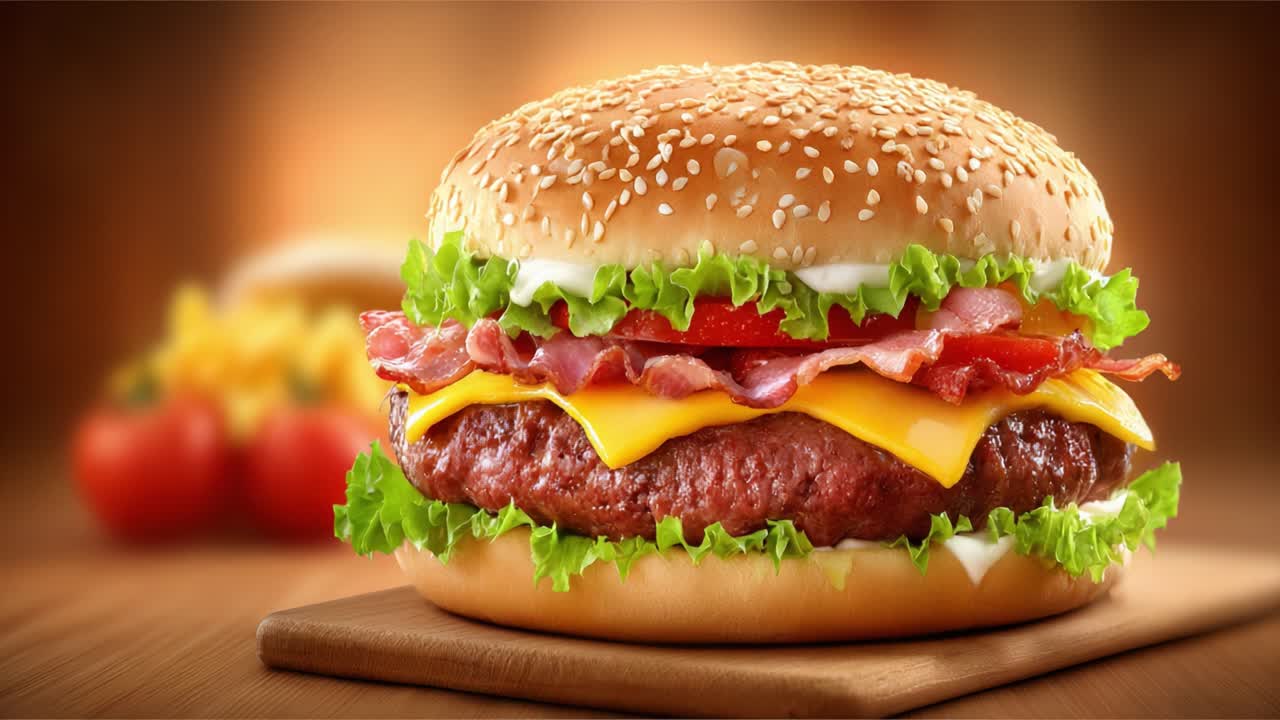 A Mouthwatering Close-Up of a Gourmet Hamburger Featuring Fresh Ingredients Like Juicy Beef, Crispy Bacon, Cheddar Cheese, Crisp Lettuce, and Ripe Tomatoes Embedded in a Toasted Bun