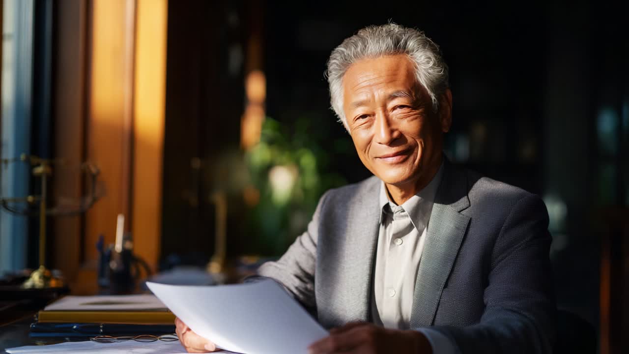 A distinguished elderly man presents a thoughtful expression while reviewing important documents in a serene office setting, illuminated by soft, warm natural light, reflecting his wisdom and experience