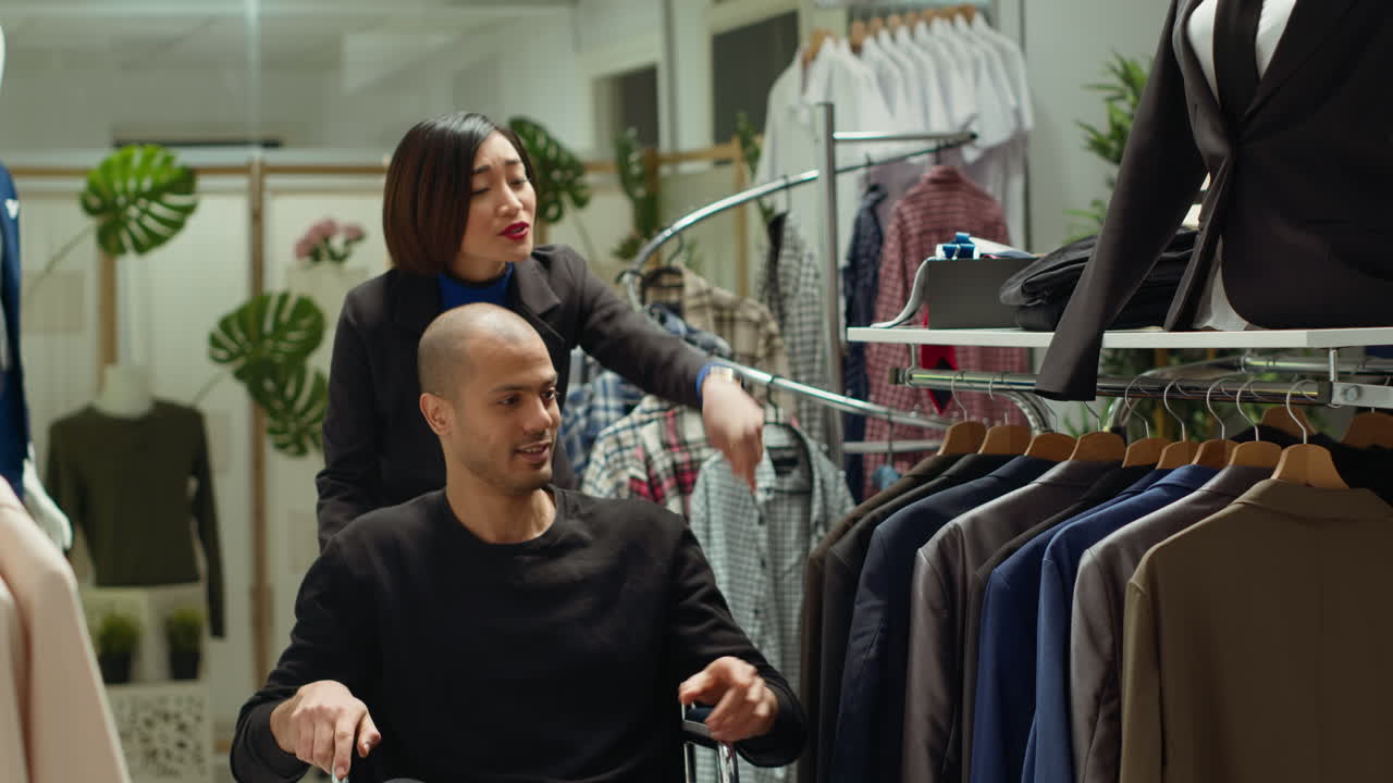 Uomo in sedia a rotelle che acquista vestiti con assistenza