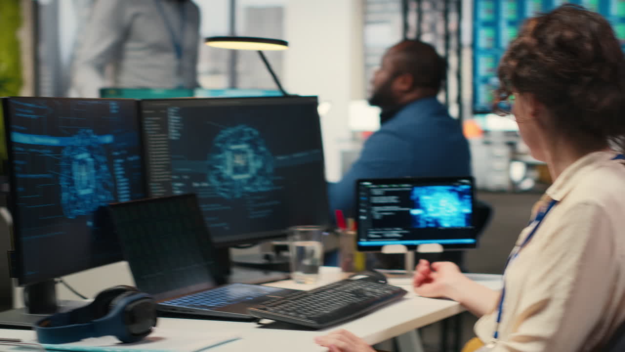 Vertical Video Office administrator checking monthly reports with AI analytics platform