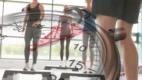 stopwatch graphic over step aerobics class