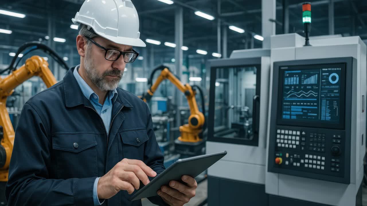 Industrial setting with a man in a hard hat using a tablet