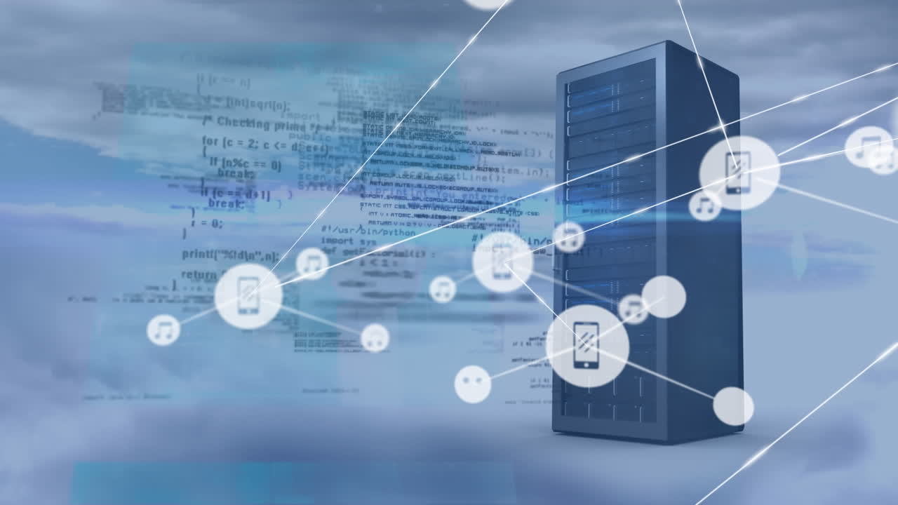 밀집된 구름에 대항하여 컴퓨터 언어와 데이터 서버 랙을 통해 연결된 아이콘의 애니메이션