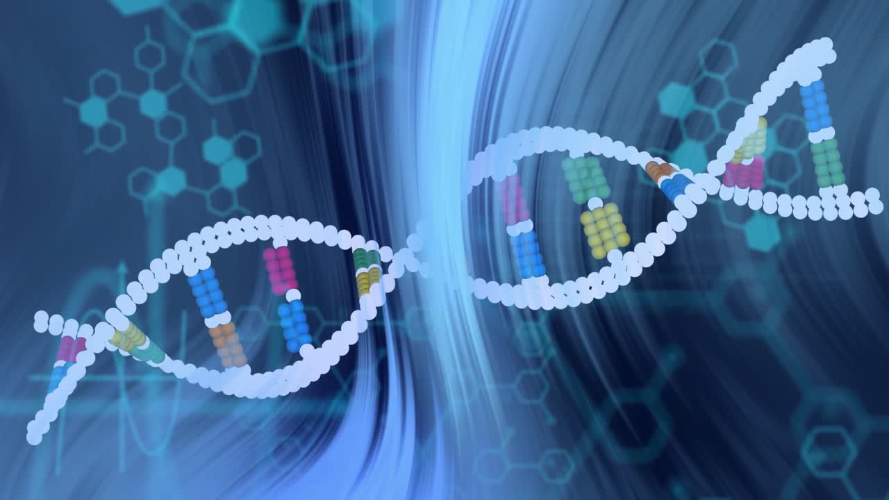 DNA-helix entering from left, stretching, waving to center, showing colored bases, code overlays