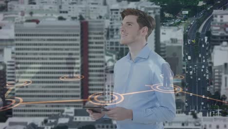 Animation-of-caucasian-businessman-using-tablet-and-network-of-connections-over-cityscape