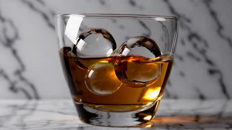 whiskey in a rocks glass with spherical ice