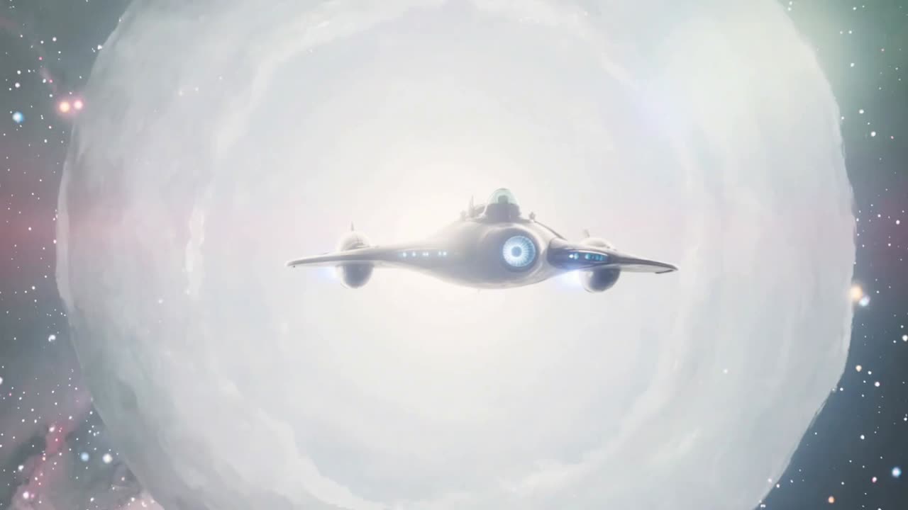 Engines igniting, sleek ship rotating toward planet in space, showing circular engine, copy space