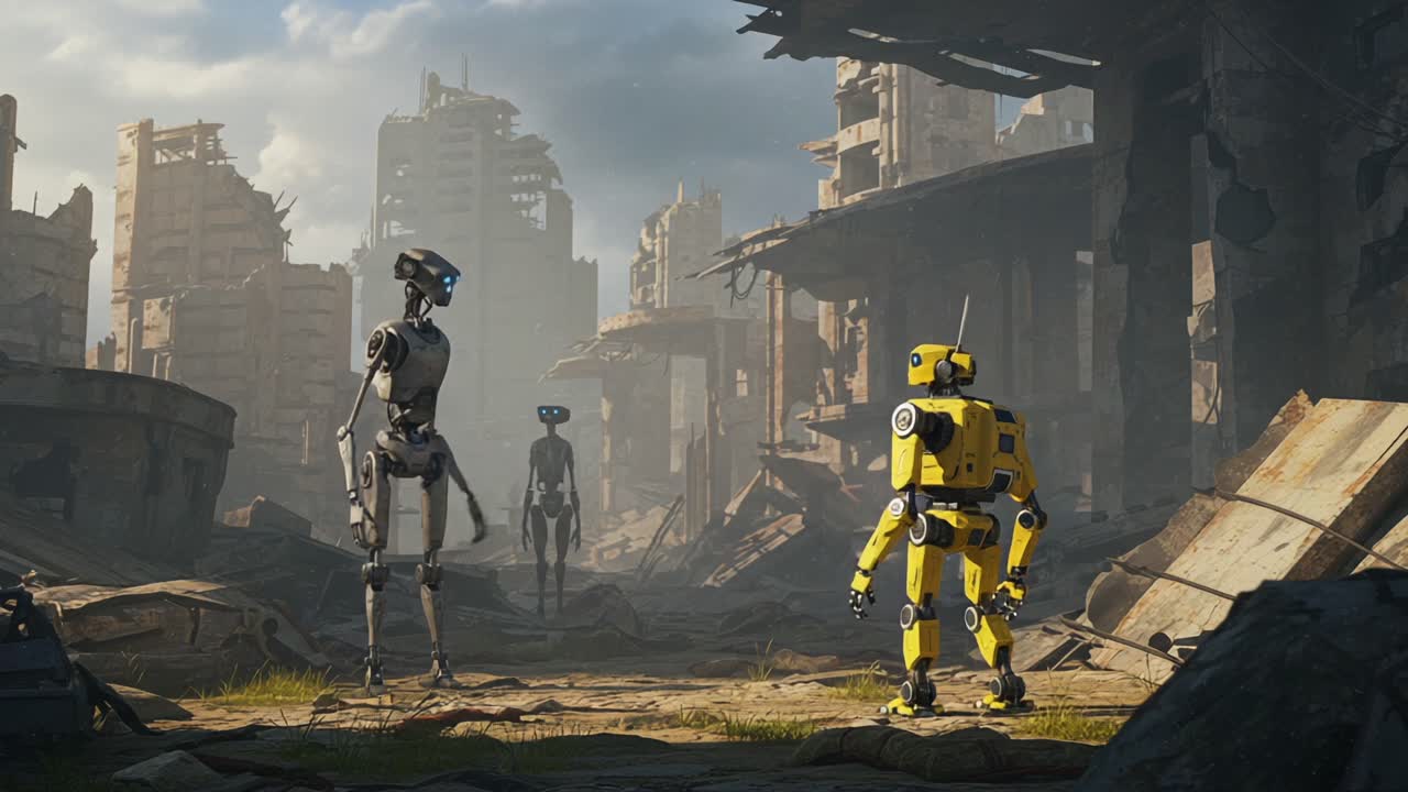In a post-apocalyptic world, a group of robots navigates the ruins of a once-thriving city, showcasing their interactions and the remnants of their former civilization