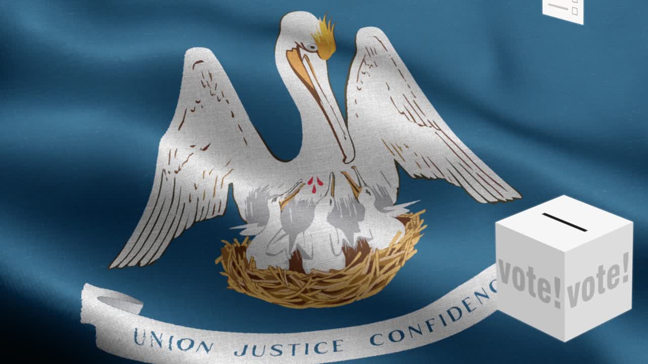 estado de luisiana - las papeletas de votación vuelan a la caja para la selección de louisiana - caja de votación frente a la bandera - elección - voto - bandera nacional patrón de onda del estado de luisiana elementos en bucle - textura de tela y bucle sin fin - bandera en bucle del estado de louisiana
