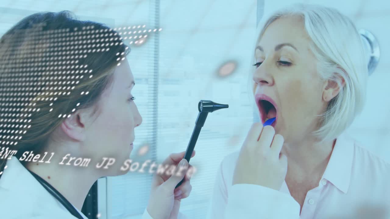 백인 여성 치과의사에게 대응하는 데이터 처리가 백인 여성의 치아를 검사하는 데