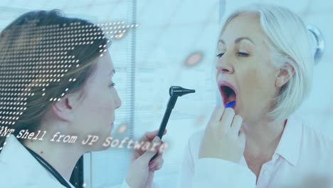 data processing against caucasian female dentist examining teeth of caucasian senior woman