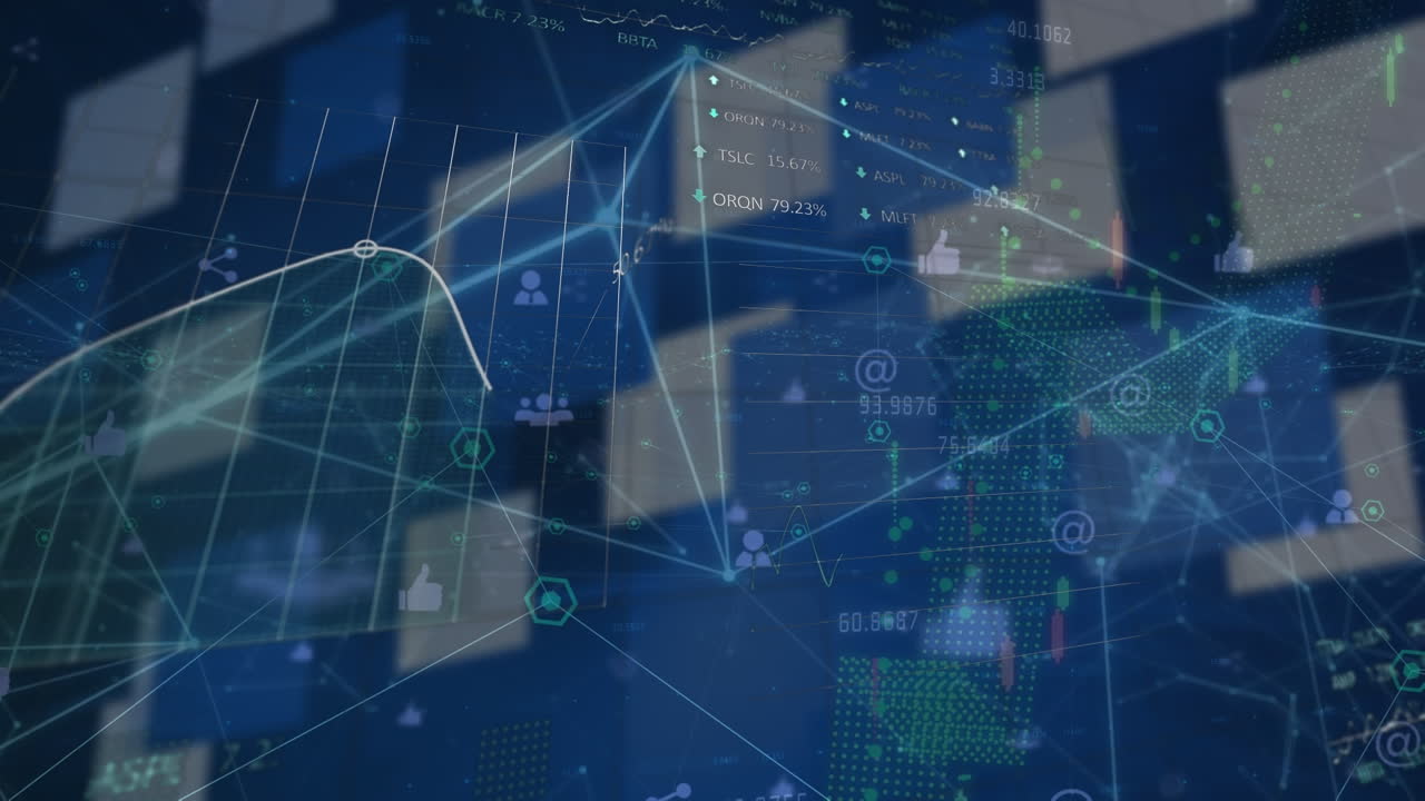 animación de diversos datos financieros y gráficos en pantalla azul con iconos de red