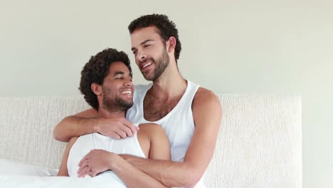 Homosexual-couple-speaking-together-on-bed