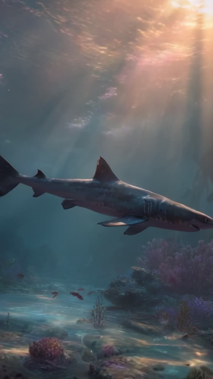 A Majestic Shark Gliding Through Vibrant Coral Reefs Beneath Sunlit Waters, Showcasing the Beauty of Marine Life and the Serenity of Underwater Exploration